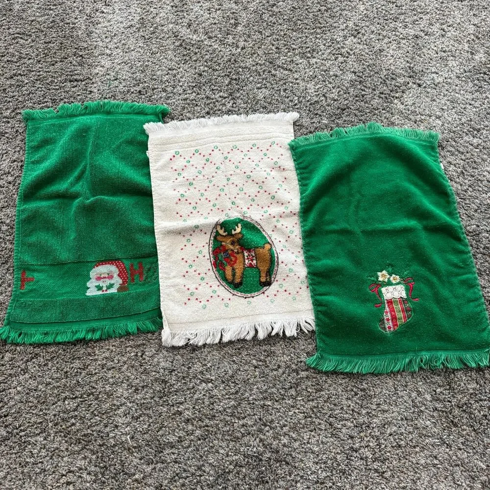 LOT of 3 Christmas Themed Hand Towels Reindeer Santa Claus Stocking & Poinsettia